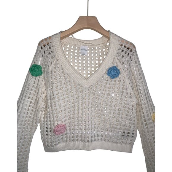 Wild Fable Womens Open-Knit Cropped Sweater w/ Colorful Crochet Flowers Medium - Picture 5 of 12